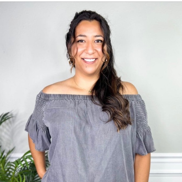 Acid washed dark grey off the shoulder shirt - Picture 3 of 4